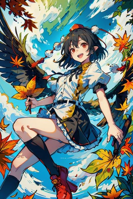 masterpiece, best quality, <lora:shameimaru:1>,1girl, shameimaru aya, solo, black hair, camera, hat, wings, tokin hat, skirt, smile, looking at viewer, open mouth, shirt, red eyes, short hair, hand fan, short sleeves, black wings, ribbon, leaf, hauchiwa, black skirt, leaf print, puffy sleeves, maple leaf, holding camera, pom pom (clothes), frilled skirt, white shirt, holding, :d, belt, puffy short sleeves, socks, feathered wings, neck ribbon, bird wings, autumn leaves, frills, black ribbon, kneehighs, cloud