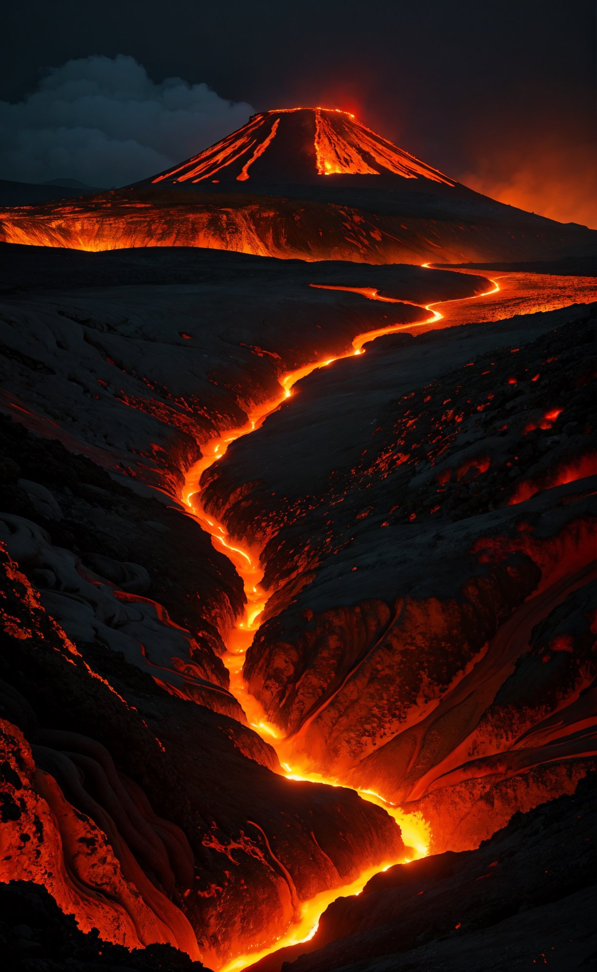 Spectacular, volcanic landscape, billowing smoke, fiery lava, molten rivers, glowing night, 9:16 vertical capture, apocalyptic scenery, award-winning image, Sony A7R IV, high dynamic range, dramatic contrast, dangerous beauty, inhospitable terrain, no life, otherworldly ambiance.