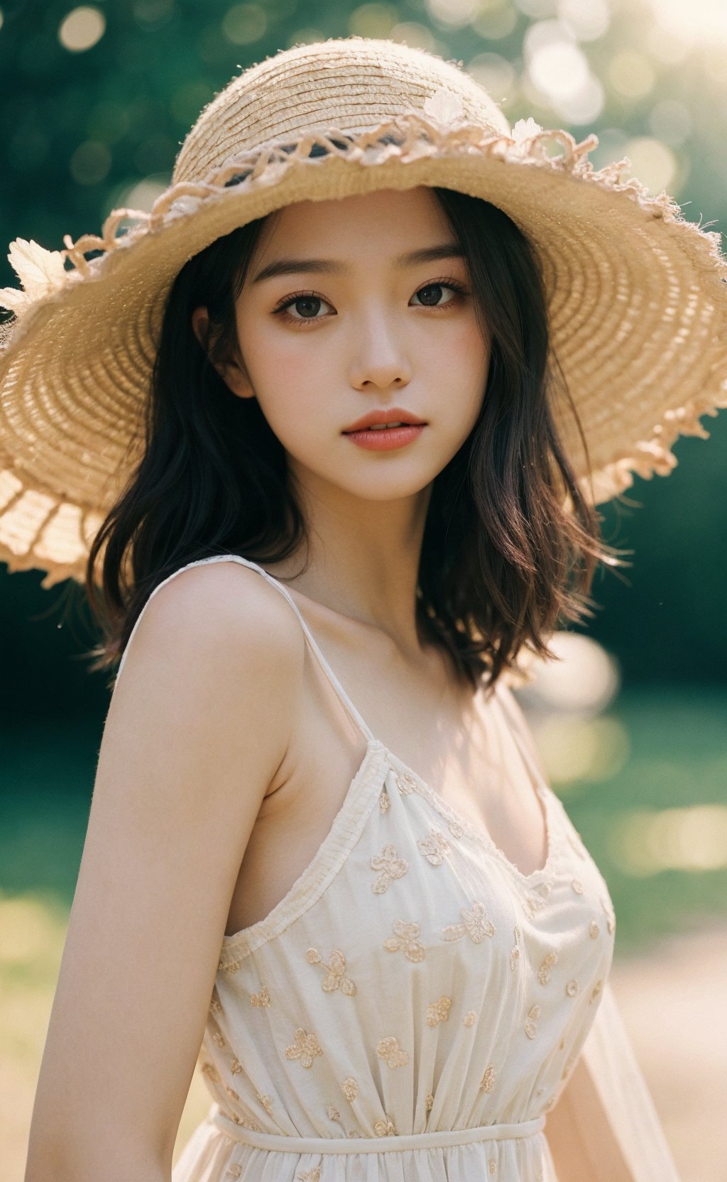 Best portrait photography, 35mm film, natural blurry, 1girl, sun dress, wide brimmed hat, radiant complexion, whimsical pose, fluttering hair, golden sunlight, macro shot, shallow depth of field, bokeh, dreamy