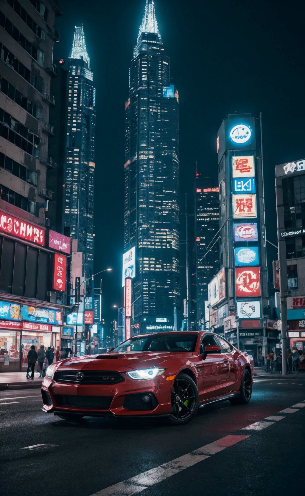 yper realistic,metal,professional photo of a futuristic muscle car with multiple modifications, large wheels, driving, cybernetic hood, cyber car parts, front pop up headlights, science fiction, sci-fi scenario, (night), natural light, cyberpunk, futuristic city, cyberpunk city, neon signs, highly detailed, (highly detailed background), multiple buildings in the background, detailed textures, wide angle, 8k, HDR, professional photoshoot, high quality photo, realistic photo, realistic shadows, detailed shadows, realistic proportions,film grain, raw photo,(front)