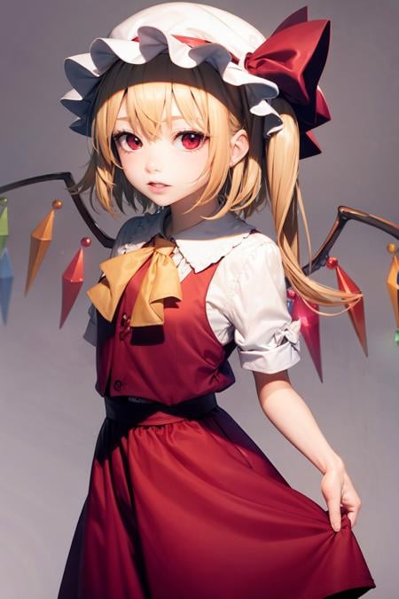 masterpiece, best quality, <lora:flandre:1>,1girl,flandre scarlet, mob cap, side ponytail, bowtie, grey background, (kbxll:0.6)