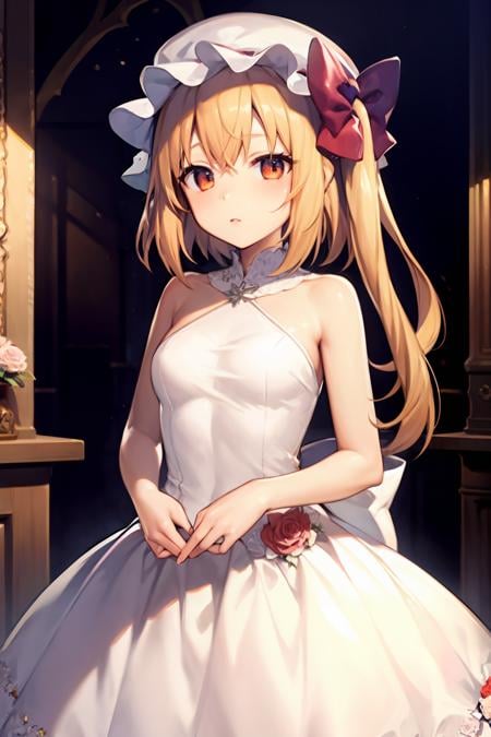 masterpiece, best quality,    <lora:flandre:1>,1girl, blonde hair, mob cap, hair bow,long hair,wedding dress, 