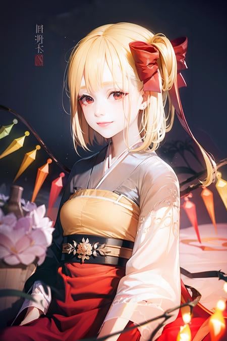 masterpiece, best quality, <lora:flandre:1>,1girl,smile,blonde hair, hair bow,side ponytail, hanfu,chinese clothes, wings