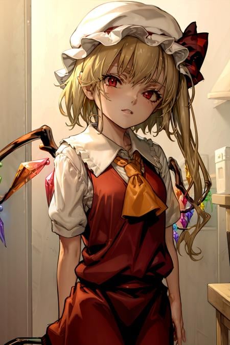 masterpiece, best quality, as109, <lora:flandre:1>,1girl,flandre scarlet,mob cap, blonde hair, hair bow,side ponytail, ascot,vest