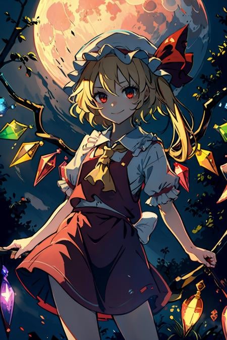 masterpiece, best quality,  <lora:flandre:1>,1girl,night,big moon,flandre scarlet, mob cap, smile