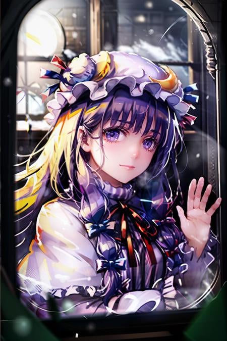 masterpiece, best quality, <lora:patchouli:1>,<lora:lq:1>,lqstyle01, 1girl, patchouli knowledge,  solo, long hair, mob cap, window,purple hair,purple eyes,purple dress,looking at viewer, smile, upper body, blurry,  snowing,  hand up, blurry background, closed mouth, waving, snow,  bangs, depth of field, indoors, against glass, looking outside, very long hair, 