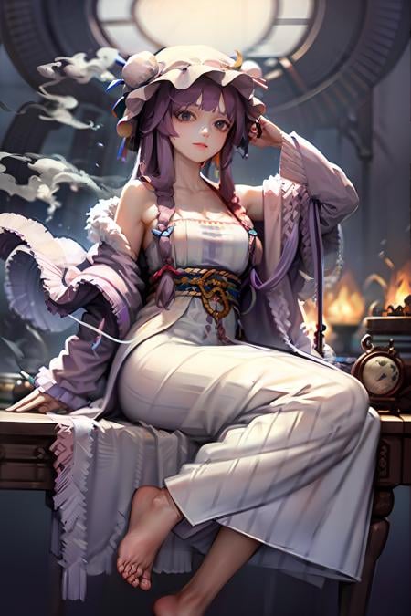masterpiece, best quality, <lora:patchouli:1>,1girl, patchouli knowledge, long hair, solo, very long hair, hanfu,  chinese clothes, see-through, sitting, barefoot, bare shoulders,  full body, off shoulder, smoke,  wide sleeves, breasts, flower, dress, smile, sash, holding hair, collarbone, hand in own hair, long sleeves, looking at viewer, shawl, medium breasts, round window