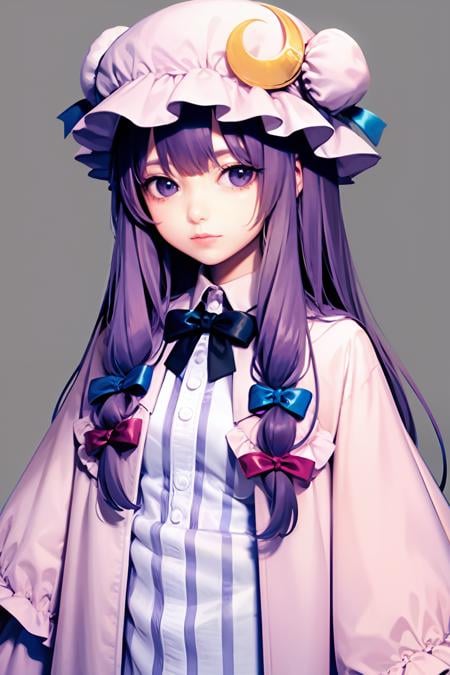 masterpiece, best quality,<lora:patchouli:1>,1girl,solo,patchouli knowledge, purple hair,purple eyes,grey background,