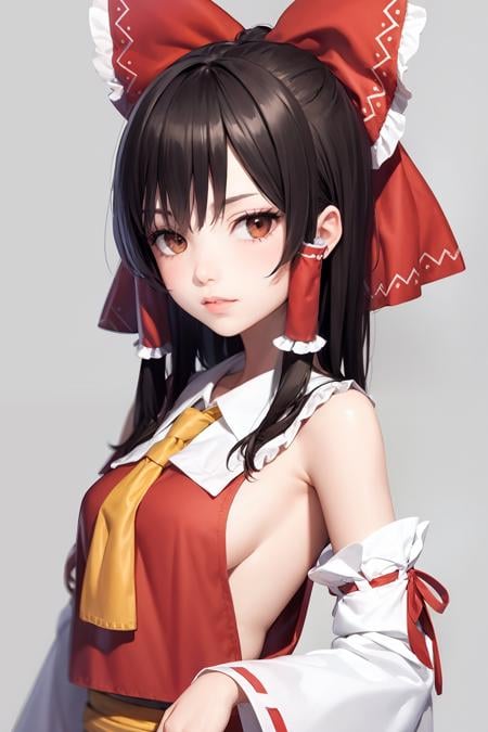 masterpiece, best quality,   <lora:reimu:1>,1girl, hair bow,ascot,hair tubes,brown eyes,miko,detached sleeves, grey background, sideboob, (kbxll:0.8)