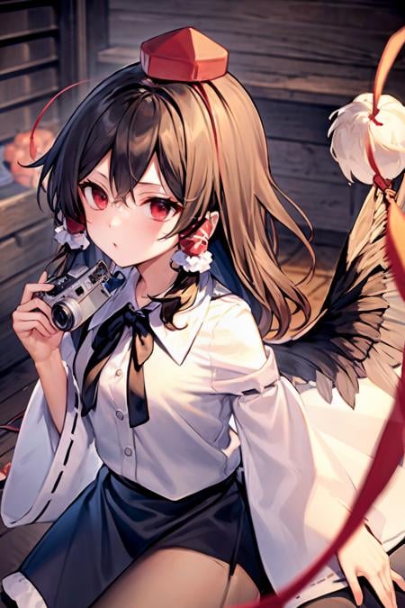 masterpiece, best quality,   <lora:reimu:0.8>,  <lora:shameimaru:0.8>,brown hair,long hair,hair tubes,hair bow,hat,white shirt,black skirt,pom pom \(clothes\), wings,camera