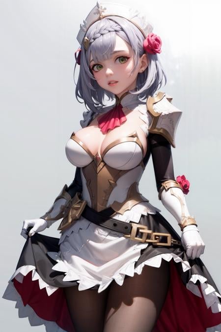 masterpiece, best quality,1girl, noelle (genshin impact), green eyes, solo, breasts, flower, pantyhose, braid, armor, braided bangs, short hair, grey hair, hair ornament, rose, dress,(grey background:1),(kbxll:0.6)