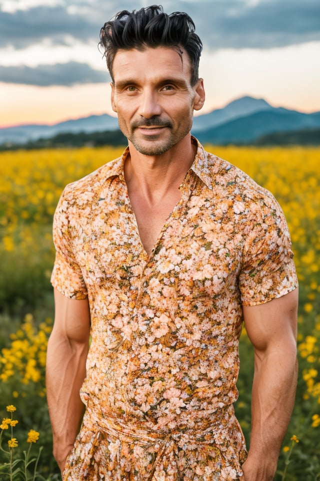 RAW photo, closeup, portrait photo of frank grillo, male on, flower dress, field of flowers, ultra detailed eyes, standing, natural skin, sunset, mountains, clouds, 8k uhd, high quality, film grain, Fujifilm XT3