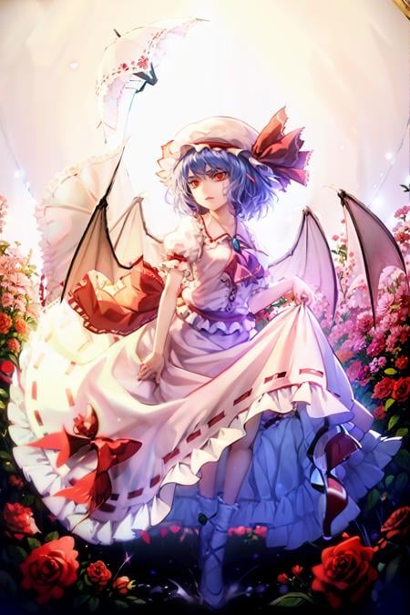 masterpiece, best quality,  <lora:remilia:1>,  <lora:lq:1>,lqstyle01,1girl, solo, remilia scarlet, hat, wings, bat wings, umbrella, red eyes, flower, hat ribbon, mob cap, ribbon, dress, ascot, looking at viewer, blue hair, long sleeves, short hair, rose, pink dress, parasol, bow, skirt set, puffy sleeves, shirt, skirt, full body, shoes, pink flower, pink rose
