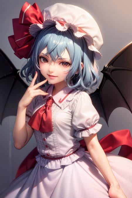 masterpiece, best quality,  <lora:remilia:1>,1girl,pink dress,mob cap,ribbon,blue hair,evil smile,bow,ascot,wings,grey background, (kbxll:0.8)