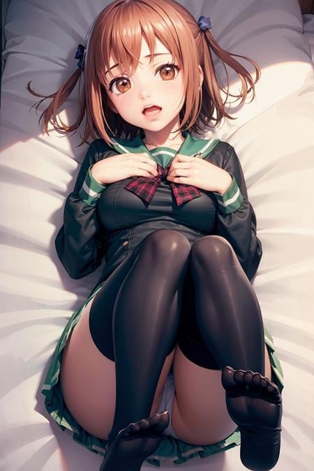 masterpiece, best quality,scc, solo, underwear, panties, thighhighs, brown hair, panty pull, brown eyes, white panties, school uniform, blush, short hair, open mouth, skirt, black thighhighs, two side up, lying, breasts, ribbon, hair ribbon, twintails, medium breasts, on back, looking at viewer, undressing, bow, feet,kbxll