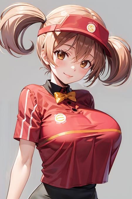 masterpiece, best quality,mcc,standing,little girl,smile,visor cap,huge breasts,black skirt,red shirt,employee uniform,simple background, grey background, kbxll