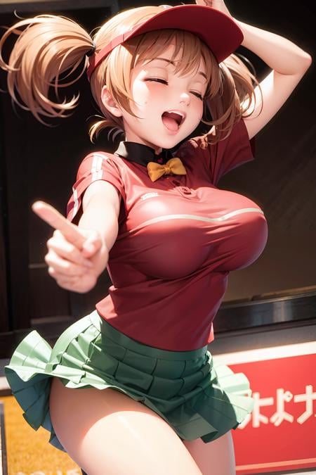 masterpiece, best quality,mcc, solo, visor cap, breasts, closed eyes, smile, twintails, open mouth, skirt, large breasts, (v:1.4),employee uniform, uniform, bouncing breasts, brown hair, polo shirt, blush, ^_^, :d, short twintails, short hair, pink hair, bow, outstretched arms, arms up,kbxll