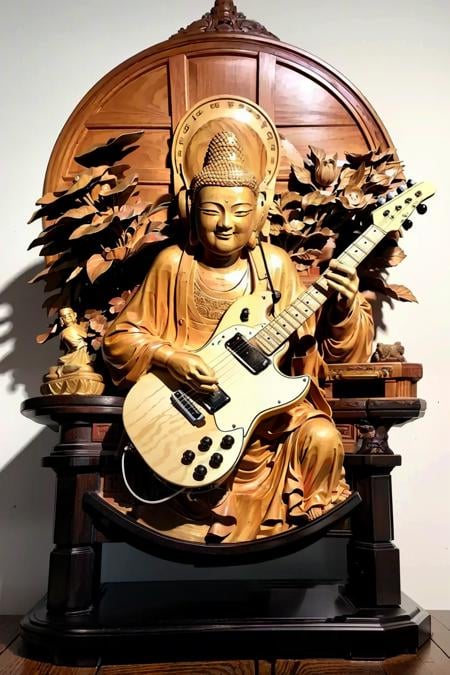 masterpiece, best quality,wood, statue,buddha,(holding guitar:1.2),(guitar:1.2), (headset:1.2),black background