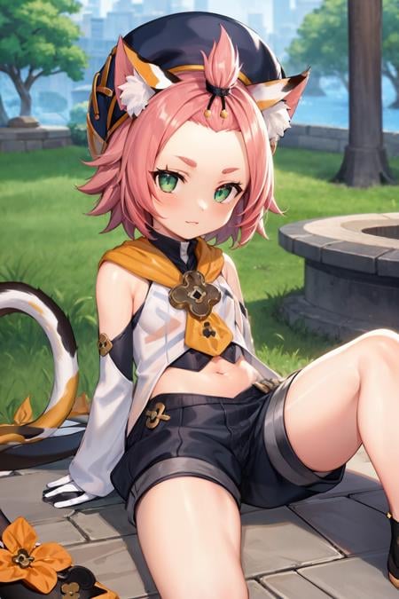 masterpiece, best quality, outdoors,1girl,sitting, animal ears, solo, diona (genshin impact), cat ears, pink hair, tail, navel, cat tail, animal ear fluff, hat, shorts,green eyes, cat girl, gloves, white gloves,  detached sleeves,(kbxll:0.8)