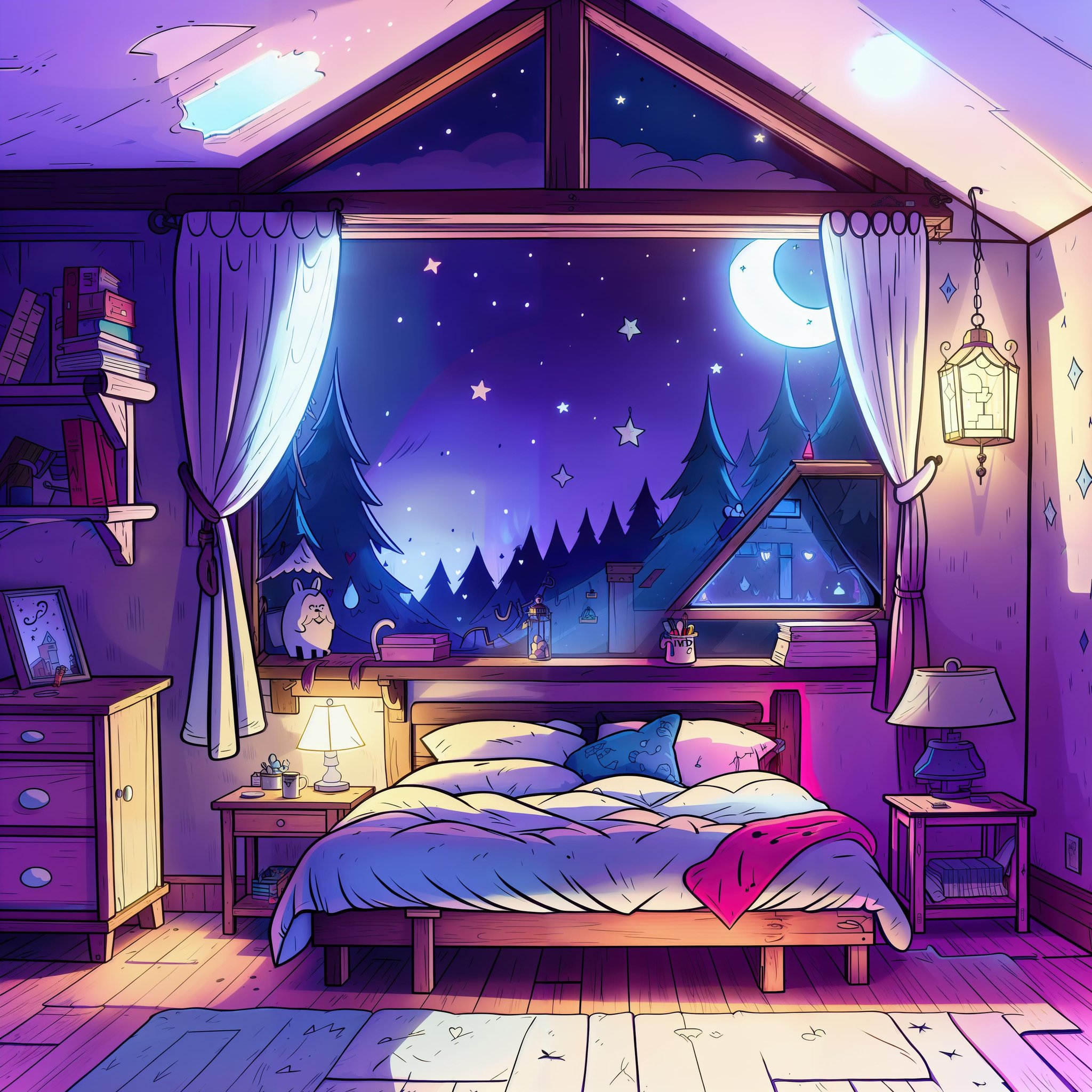 a cozy bedroom at night, moonlight shining through the window, detailed illustration, cartoon, in the style of gravityfalls, <lora:gravityfalls:0.5>