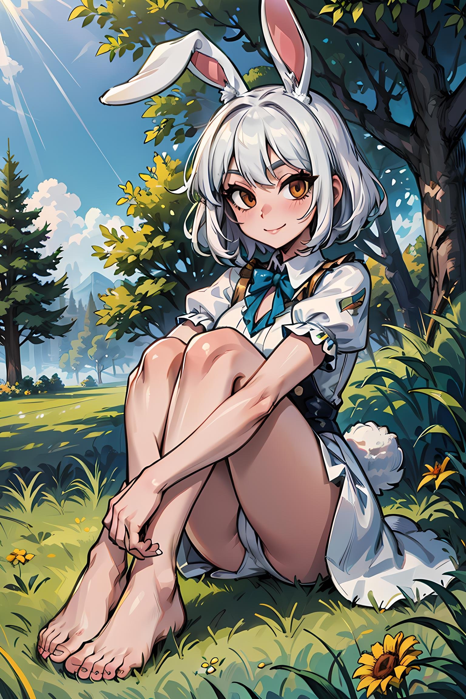 best quality, high resolution, distinct image, concept art, 1girl, solo, animal ears, rabbit, barefoot, knees up, dress, sitting, rabbit ears, short sleeves, looking at viewer, grass, short hair, smile, white hair, puffy sleeves, outdoors, puffy short sleeves, bangs, on ground, full body, animal, white dress, sunlight, brown eyes, dappled sunlight, day, depth of field