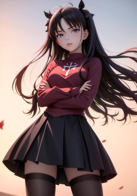 masterpiece, best quality,1girl, tohsaka rin, solo, long hair, thighhighs, skirt, blue eyes, two side up, black thighhighs, black hair, crossed arms, (kbxll:0.6)