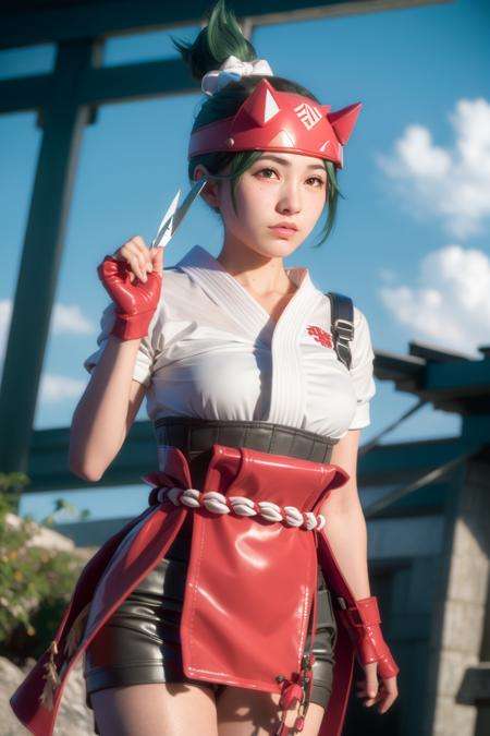 masterpiece, best quality,kriko ow, 1girl, solo, full body,kunai, green hair, holding, gloves, torii, mask, japanese clothes, weapon, ofuda,kbxll