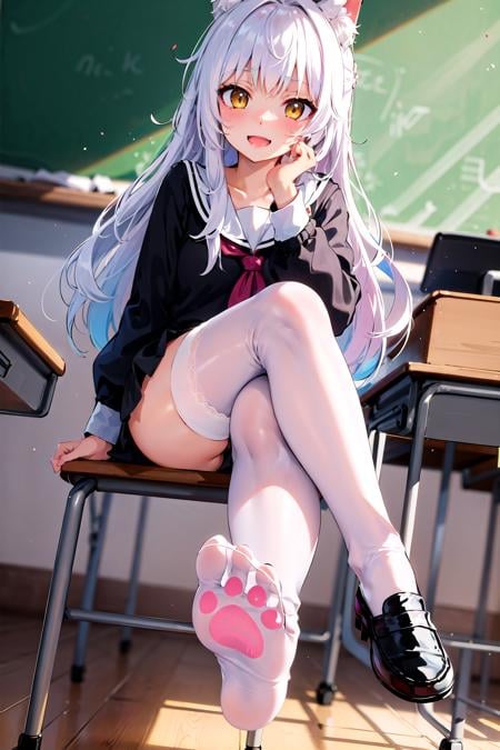 masterpiece, best quality, classroom, pov, 1girl, sitting on desk, crossed legs, looking at viewer, laughing, long hair, white hair, yellow eyes, animal ears, black serafuku, black skirt, white thighhighs, feet, soles, paw print, black loafer, shoes off,  <lora:CatPawPrint.v0.3:0.7>