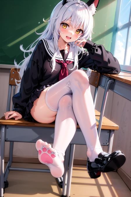 masterpiece, best quality, classroom, pov, 1girl, sitting on desk, crossed legs, looking at viewer, laughing, long hair, white hair, yellow eyes, animal ears, black serafuku, black skirt, white thighhighs, feet, soles, paw print, black loafer, shoes off,  <lora:CatPawPrint.v0.3:0.7>