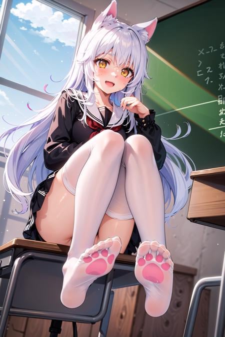 masterpiece, best quality, classroom, 1girl, sitting on desk, crossed legs, looking away, laughing, long hair, white hair, yellow eyes, animal ears, black serafuku, black skirt, white thighhighs, feet, soles, paw print,  <lora:CatPawPrint.v0.3:0.7>