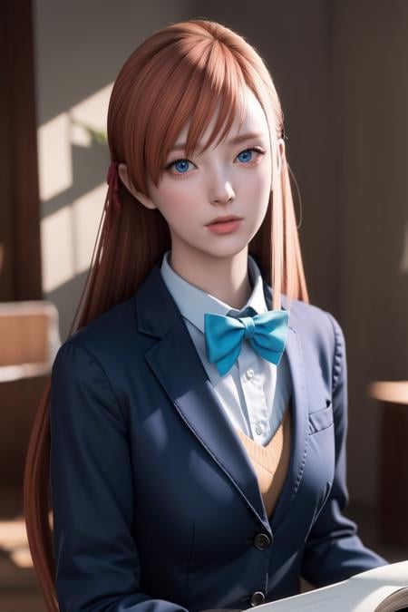 (8k, RAW photo, best quality, masterpiece:1.2), (masterpiece),(best quality:1.3),(ultra detailed:1.2),(highres:1.1), (extremely detailed CG), best quality, ultra-detailed, beautiful, , {{{1 girl}}}, sweating,(blue_eyes:1.3),make up, ryen,  looking at viewer, orange hair, long hair, detailed eyes,school uniform,bowtie,  naughty face,,, shiny skin, looking at viewer,, depth of field, reading,  <lora:ryne_20230709051211:0.7>