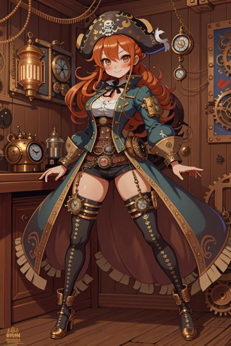 (masterpiece), (best_quality), (ultra-detailed), (illustration), (welcoming), 1girl, (steampunk monk pirate:1.3), (in a Russian room:1.3), scenery, (full body:1.4), matte ginger hair, bombshell hime cut, , [:formal costume design:0.2], muscular,lying on ground, (african, dark skin:0.6), official art, vivid color, finely detailed, hyper detailed, 8k, high resolution illustration, absurdres, intricate detail, (happy, (smile:0.4), (blush:1.3):0.8)<lora:GoodHands-beta2:1.5><lora:EnvyCuteMix02:2> 