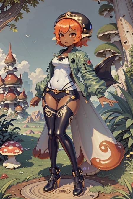 (masterpiece), (best_quality), (ultra-detailed), (illustration), (welcoming), 1girl, (surprised mushroom dragon girl grand vizier:1.3), (in a deciduous craggy wasteland:1.3), (full body:1.4), thigh gap, iridescent orange hair, multcolored hair, [:seductive costume design:0.2], glowing eyes,lying on ground,cameltoe, tall, sexy thicc hourglass figure,skindentation, (bomber jacket:1.2), (dark skin:1.3), official art, vivid color, finely detailed, hyper detailed, 8k, high resolution illustration, absurdres, intricate detail, (happy, (smile:0.4):0.8)<lora:GoodHands-beta2:1.3><lora:EnvyCuteMix02:2> 