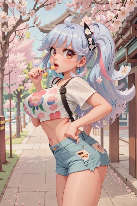(masterpiece), (best_quality), (ultra-detailed), (illustration), (welcoming), depth of field, 1girl, (bright puma:1.3), (in a cherry blossom, pristine fancy hallway:1.3), full body, crimson hair with gray highlights, ahoge, lipstick, long eyelashes, , multicolor eyes, [:outlandish costume design:0.2], (from side:1.5), medium breasts, sexy slim toned perfect hourglass figure,, (denim shorts:1.2), , official art, vivid color, finely detailed, hyper detailed, 8k, high resolution illustration, absurdres, intricate detail, (happy, (smile:0.4), open mouth, (blush:1.3):0.8)<lora:GoodHands-beta2:1.3><lora:EnvyCuteMix03:1.15>