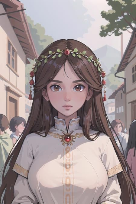 (masterpiece, best_quality, ultra-detailed, immaculate:1.3), epic, illustration, welcoming, 1girl, druid, brown hair, Feathered Hair, in a orderly, crowded village, eye contact<lora:EnvyCuteMix07:1>