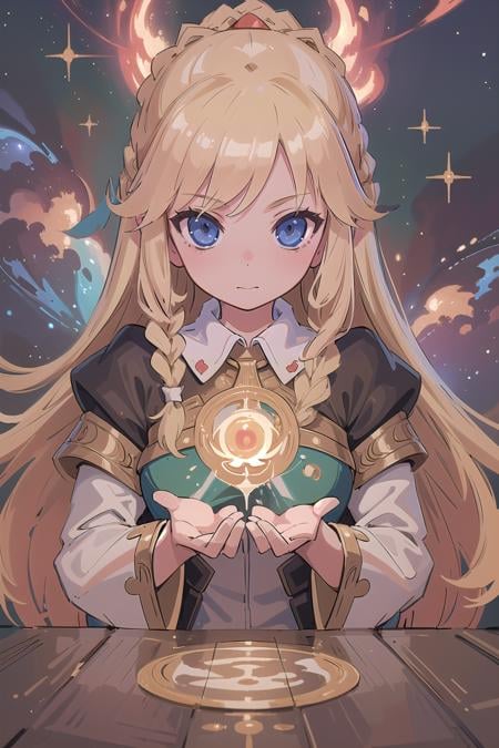 (masterpiece, best_quality, ultra-detailed, immaculate:1.3), epic, illustration, welcoming, 1girl, druid, blonde hair, Goddess Braids, casting spell, in a  nebula,<lyco:EnvyCuteMix08:1>