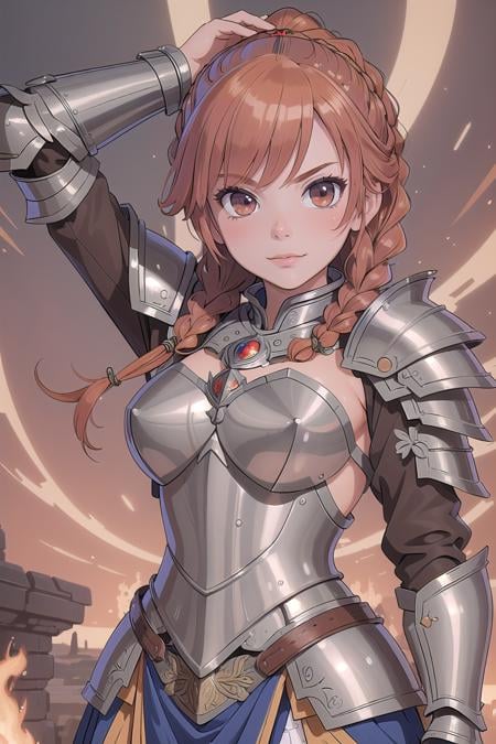 (masterpiece, best_quality, ultra-detailed, immaculate:1.3), epic, illustration, warrior lord , (armor:1.3), ginger hair, Side Swept Dutch Braid, arm up, simple background,<lyco:EnvyCuteMix08:1>