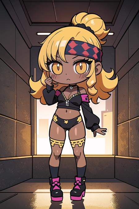 (masterpiece, best_quality, ultra-detailed, immaculate:1.3), epic, illustration, punk rocker girl, 1girl, cute, full body, cameltoe, [:intricate costume design,:0.2], official art, (dark skin:1.3), punk hair, vivid peach hair with black highlights, curly hair, long hair, studio muted sunset lighting from below, in a brutalist, well-lit valley, bombshell hair, yellow hair, Headband Updo, wariza<lyco:EnvyCuteMix09:1>