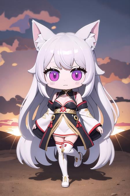 (masterpiece, best_quality, ultra-detailed, immaculate:1.3), epic, illustration, fox ears arctic ronin  , patterned silk , thigh boots,neon white hair, Side Swept Curls,pointy hair, (asian:1.3), small breasts, slim figure, full body, dagger, victory pose, sunset, in a  temple, on a photogenic, ragged desert road, bombshell hair, silver hair, Undercut,very long hair, straddling<lyco:EnvyCuteMix09:1>