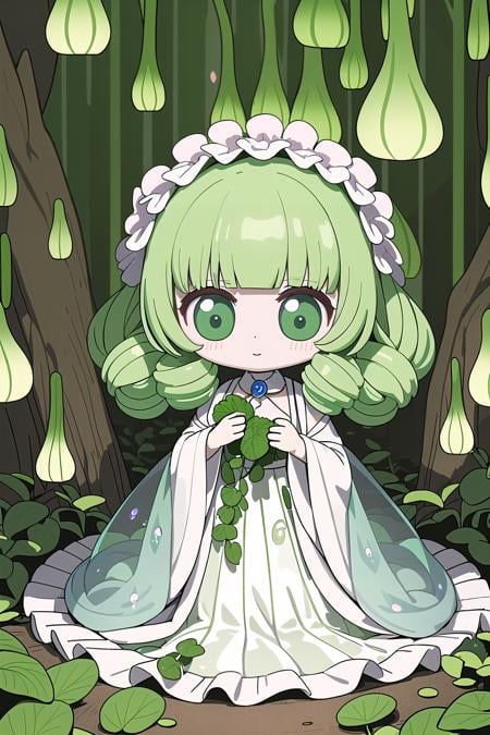 (masterpiece, best_quality, ultra-detailed, immaculate:1.3), epic, illustration, render, volumetric lighting, welcoming, forest green Violet lady, see-through gossamer, , in a classical mushroom forest, bombshell hair, iridescent platinum hair, Spiral Curls,hair bobbles, wallwalking<lyco:EnvyCuteMix09:1>