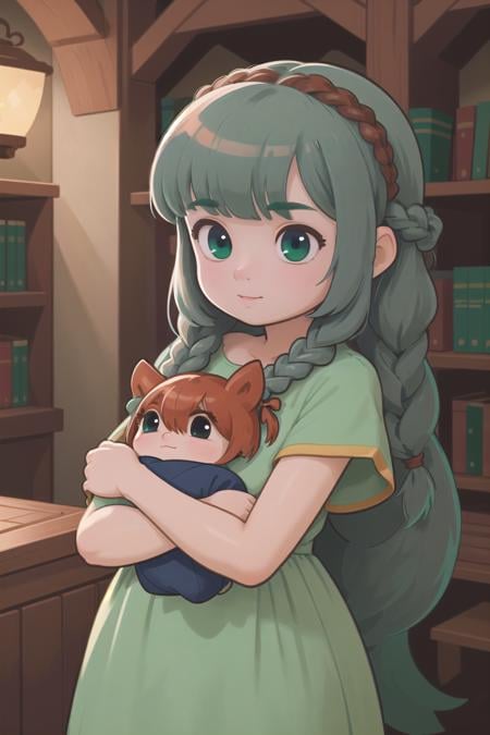 (masterpiece, best_quality, ultra-detailed, immaculate:1.3), epic, illustration, welcoming, 1girl, sorceress, copper hair, Loose Curls,bombshell hime cut, in a  library, at an  inn, bombshell hair, bright slate gray hair with sea green highlights, side braid,Rope Braid, arm hug<lyco:EnvyCuteMix10:1>