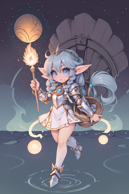 kawaii sticker art, (masterpiece, best_quality, ultra-detailed, immaculate:1.3), epic, illustration, elf sci-fi dragoon  , (armor:1.3), gray hair, Basket Weave Braid, a-pose, on an Italian, Egyptian airship, in in the deep sky, galactic ocean, bombshell hair, deep ginger hair, short bombshell hair, running<lyco:EnvyCuteMix13:1>