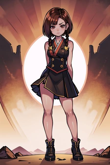 (masterpiece, best_quality, ultra-detailed, immaculate:1.3), epic, illustration, alt girl, 1girl, full body, [:wild, formal costume design,:0.2], official art, (asian:1.3), bombshell punk hair, brown hair, bombshell bob cut, creepy sunset lighting , pvc skirt, in front of a Canadian, African dimensional portal, bombshell hair, copper hair, twin braids,Thigh Length Hair, arm behind back / arms behind back<lyco:EnvyCuteMix12:1>