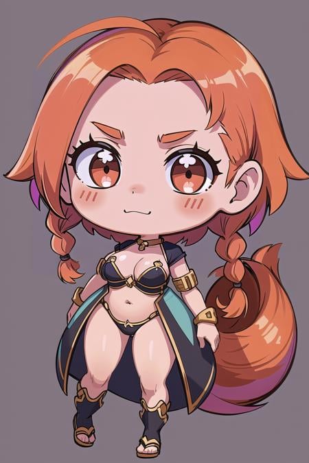 cute,adorable,kawaii,chibi, (masterpiece, best_quality, ultra-detailed, immaculate:1.3), epic, illustration, rough digital painting, (full body:1.2), 1girl, cleavage, solo, [:epic costume design,:0.2] engineer, , (african, dark skin:0.6), bombshell glowing red-orange hair with forest green highlights, Half Up Fishtail Braid, (chubby:1) build, simple background, jrpg character concept art, on a mad scientist's, imaginary stage, bombshell hair, deep gold hair, side braid, top-down bottom-up<lyco:EnvyCuteMix12:1>