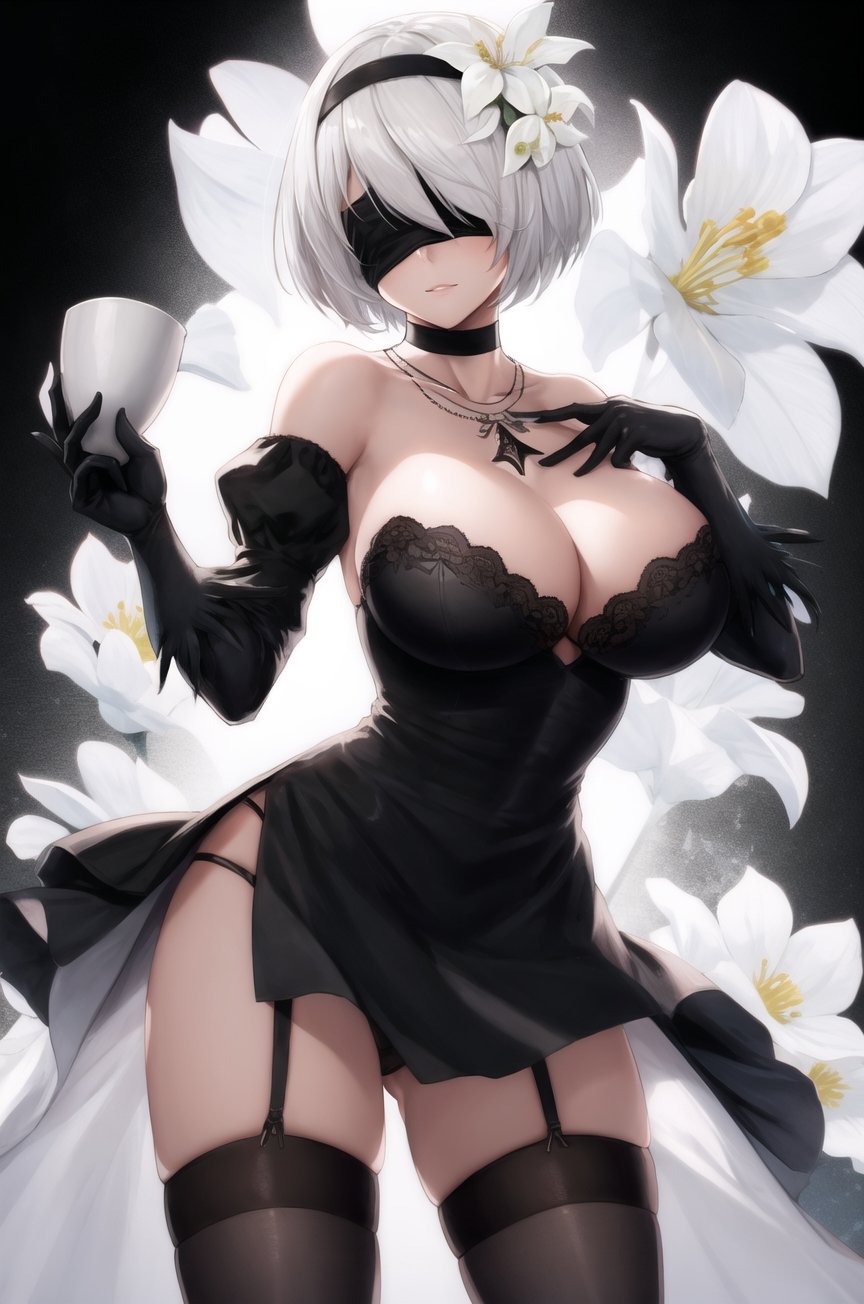 1girl, bare shoulders, black background, black blindfold, black choker, black dress, black hairband, black thighhighs, blindfold, choker, cleavage, collarbone, covered eyes, cup, dress, elbow gloves, facing viewer, flower, garter straps, gloves, hair flower, hair ornament, hairband, holding, holding cup, jewelry, huge breasts, necklace, plunging neckline, pod \(nier automata\), robot, short hair, side slit, thighhighs, thighs, white flower, white hair, yorha no. 2 type b,masterpiece,best quality