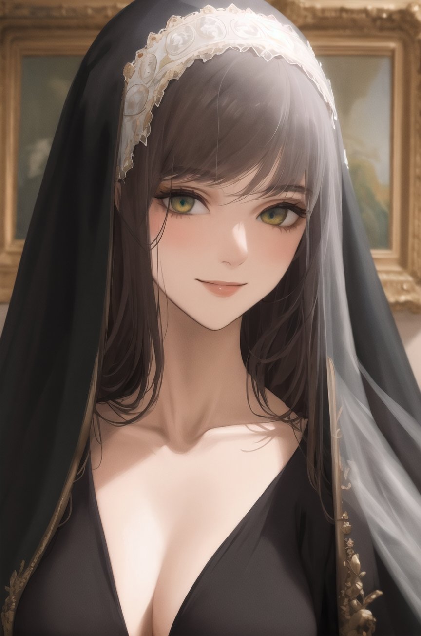 (((Masterpiece))), (((Best Quality))), ((Superb Detail)), In the center of the image is a portrait of a woman, wearing a loose black robe and a veil over her head, looking mysteriously at the viewer. The woman's smile and eyes are full of mystery and attraction, one of the most famous artworks in the world