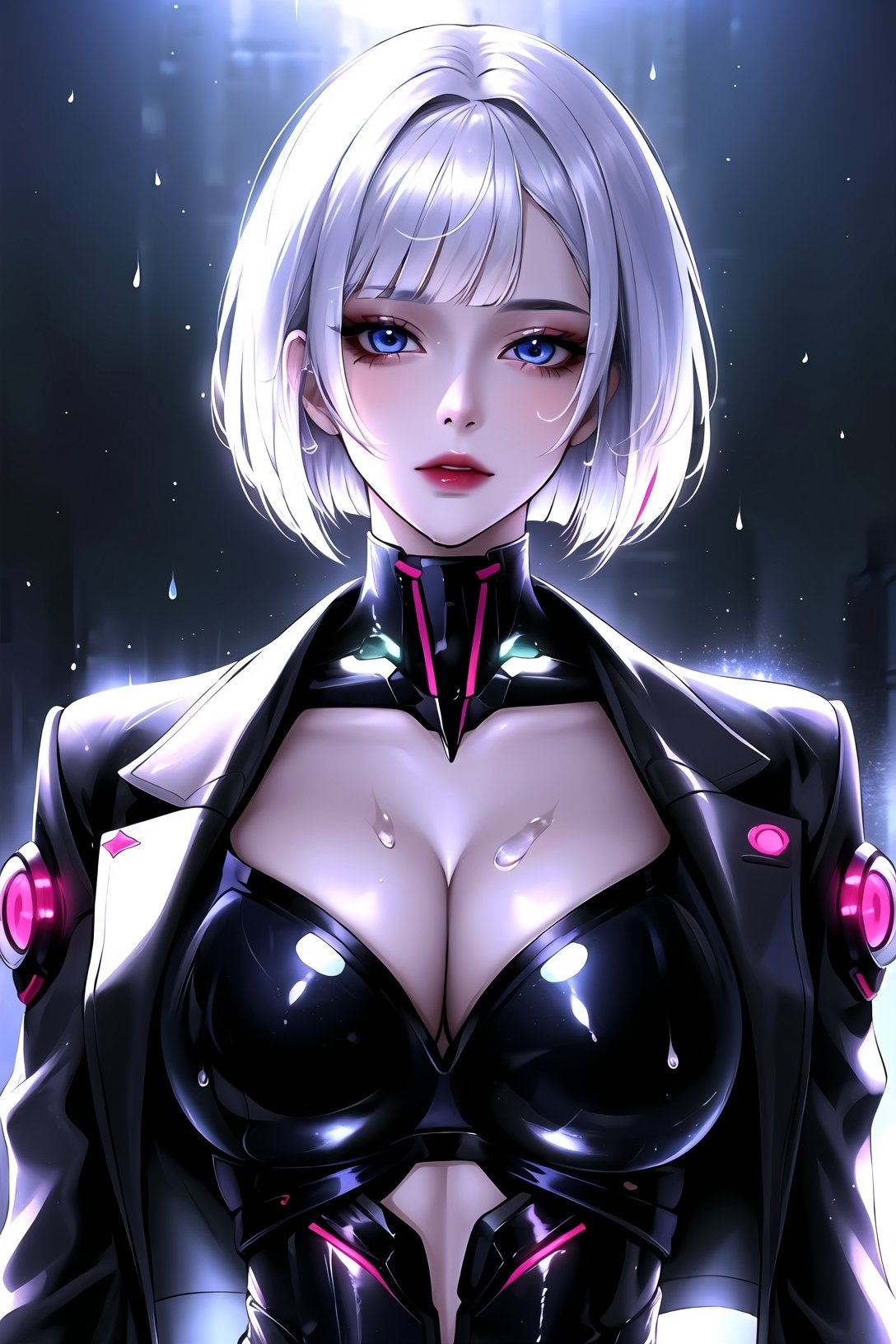 1girl, bangs, white hair, blue eyes, bad-girl,bob cut,short hair, cleavage, collarbone, open jacket,mecha,cyberpunk,neon lights,large breasts,mature female,shiny skin,rain,water drop