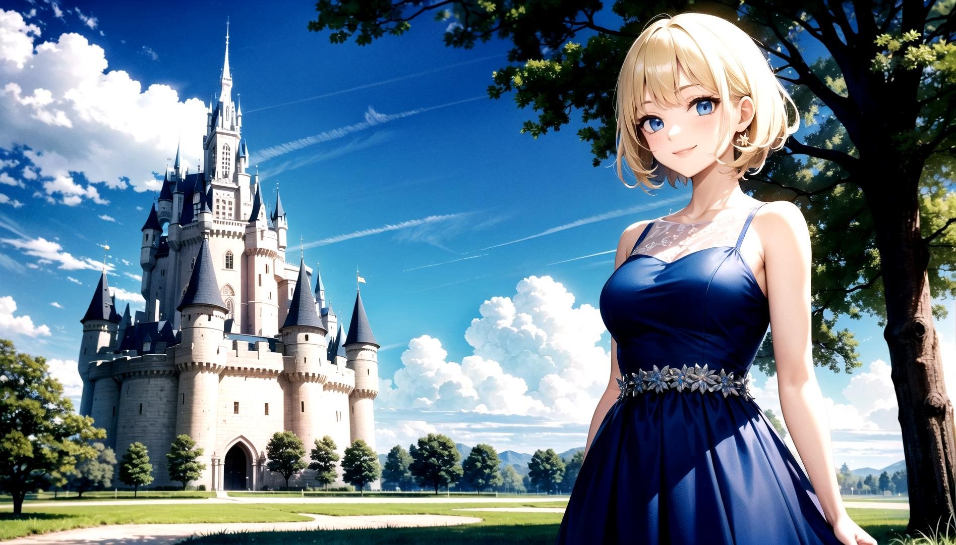 masterpiece, best quality, princess, (blue dress:1.2), blue eyes, blonde hair, standing, (castle:1.2), clouds, trees, arms behind body, smile, perfect eyes