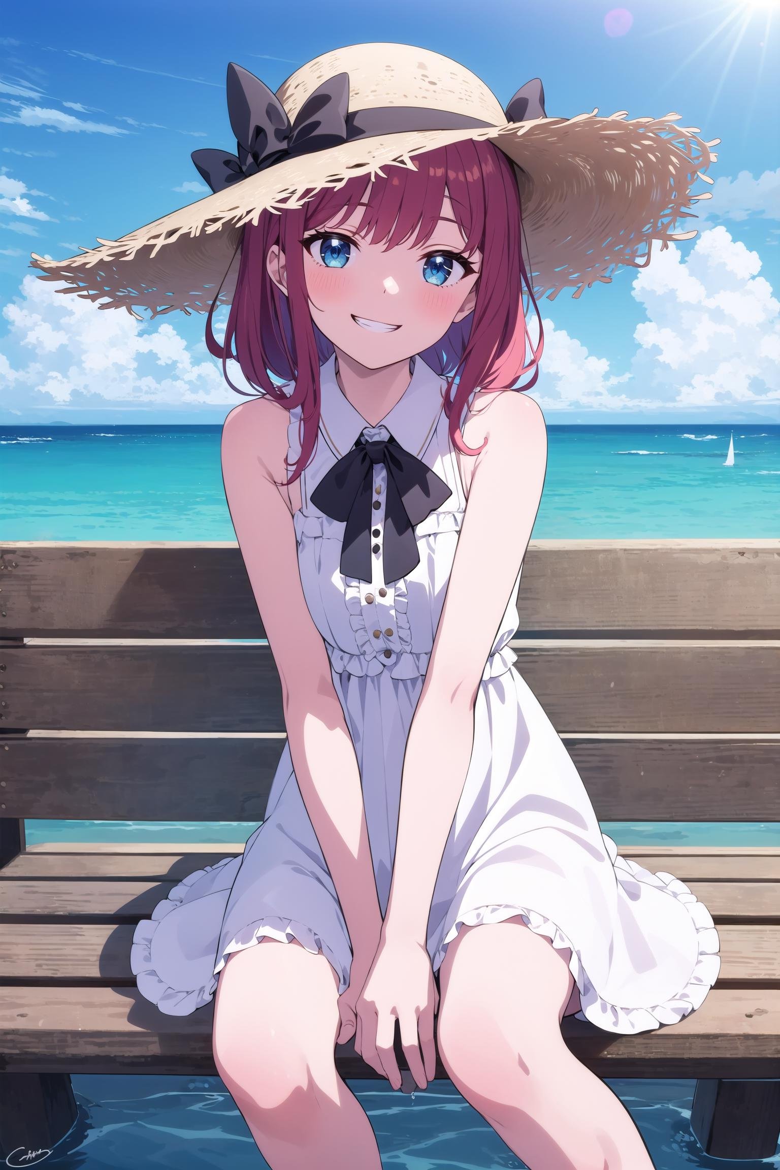 1girl, hat, solo, outdoors, day, blue eyes, smile, dress, sitting,red_hair,looking at viewer, ocean, sleeveless, straw hat, sky, sleeveless dress, blush, cloud, between legs, blue sky, hand between legs, black bow, signature, bangs, bow, sun hat, frills, beach, v arms, ribbon, water, horizon, bench, white dress, bare arms, bare shoulders, cloudy sky, parted lips, frilled dress, black ribbon, sidelocks, grin