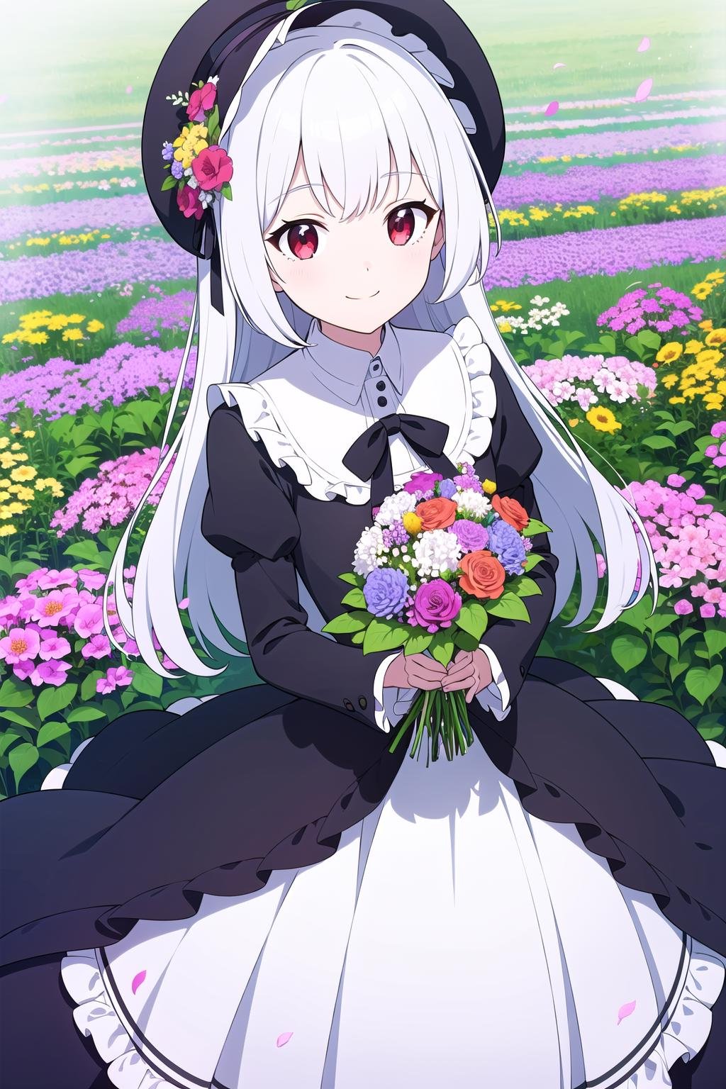 masterpiece, best quality, 1girl, solo, long_hair, looking_at_viewer, white hair, red eyes, smile, bangs, skirt, shirt, long_sleeves, hat, dress, bow, holding, closed_mouth, flower, frills, hair_flower, petals, bouquet, holding_flower, center_frills, bonnet, holding_bouquet, flower field, flower field, colorful